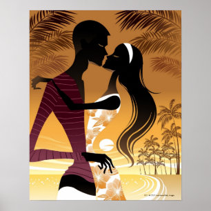 Póster Vista lateral de una pareja joven en la playa