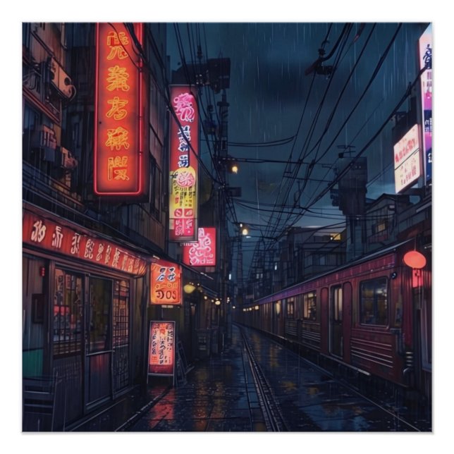 Póster Vista nocturna de Anime Aesthetic City Street con  (Anverso)