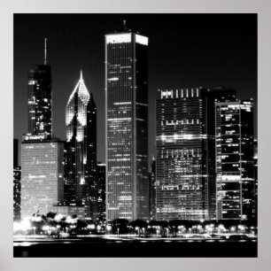 Póster Vista nocturna del famoso paisaje urbano de Chicag