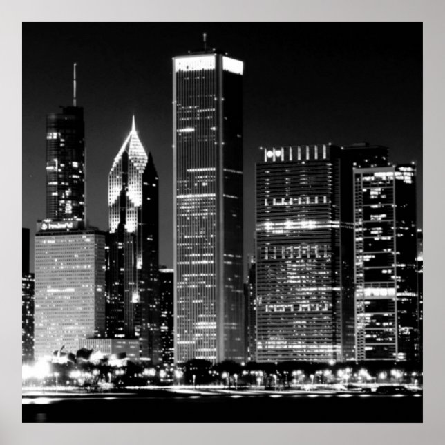 Póster Vista nocturna del famoso paisaje urbano de Chicag (Frente)