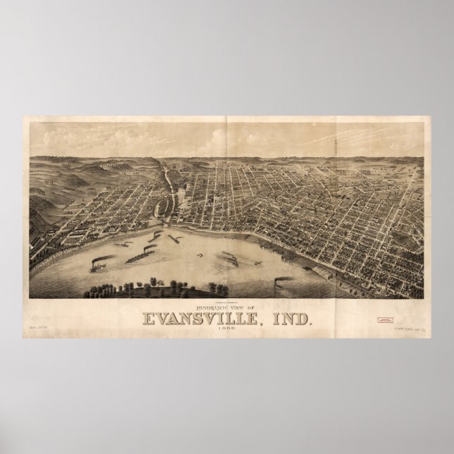 Póster Vista panorámica de Evansville, Indiana (1880) (Frente)