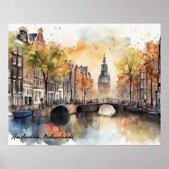 Póster Vista panorámica de la acuarela de Amsterdam Paíse (Frente)