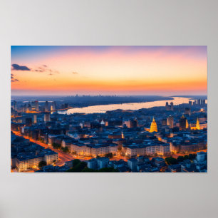 Póster Vista panorámica de la ciudad al atardecer