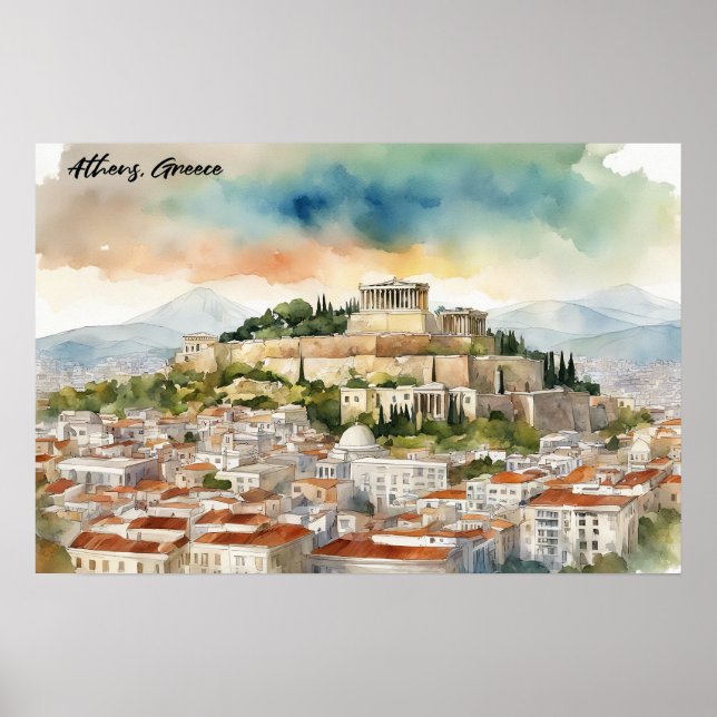 Póster Vista panorámica de la pintura acuática de Atenas  (Frente)