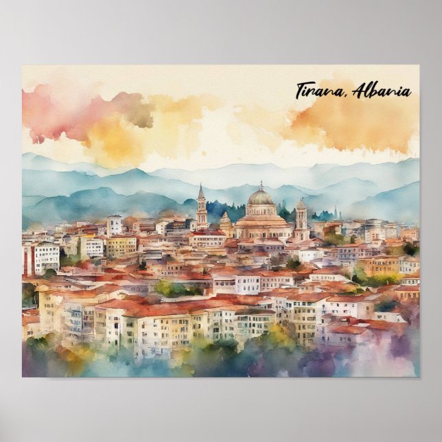 Póster Vista panorámica de pintura acuática de Tirana Alb (Frente)