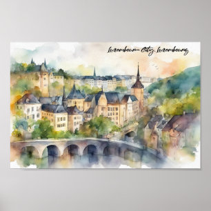 Póster Vista panorámica de pintura en acuarela de la ciud