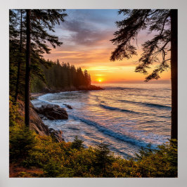 Póster Vista panorámica del atardecer costero con costas