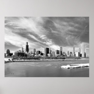 Póster Vista panorámica del horizonte de Chicago en invie