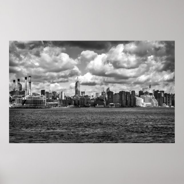 Póster Vista panorámica del Manhattan blanco y negro (Frente)