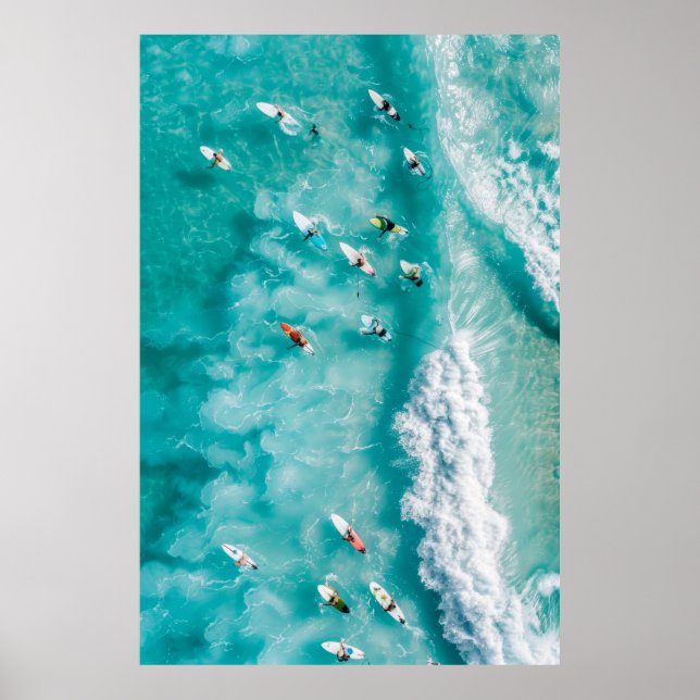 Póster Vista panorámica del océano con surfistas y olas b (Frente)