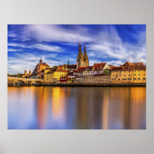 Póster Vista panorámica del río Regensburg