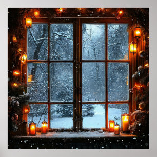 Póster Vista panorámica invernal por la ventana Ilusión d