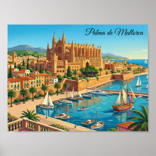 Póster Vista panorámica vintage de Palma de Mallorca Espa