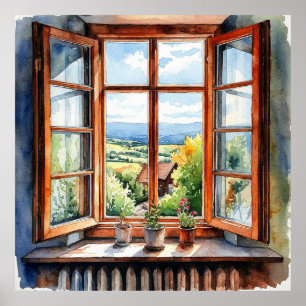 Póster Vista pintoresca del campo a través de una ventana