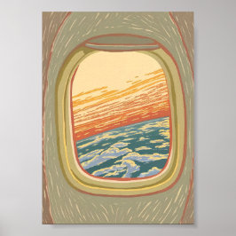 Póster Vista Retro de la Ventana del Avión Atardecer Nube
