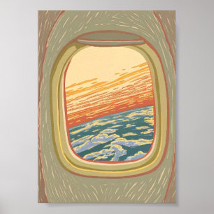 Póster Vista Retro de la Ventana del Avión Atardecer Nube