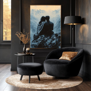 Póster Vista romántica de montaña en estilo monocromo