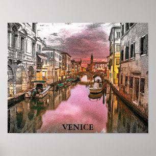 Póster Vista romántica de Venecia Italia Gondola