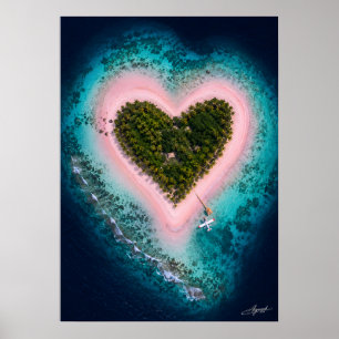 Póster Vista satelital de isla de arena rosa en forma de