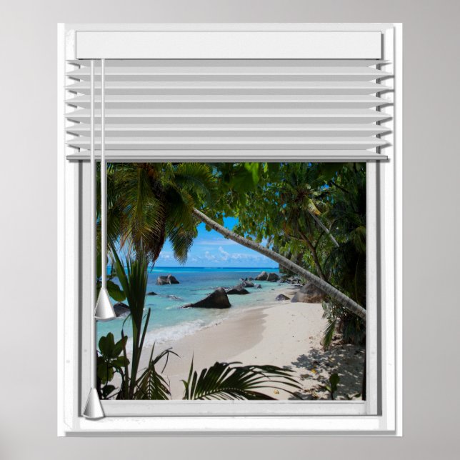 Póster Vista Tropical Secreta De La Playa Falso Ventana C (Frente)