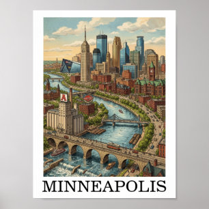 Póster Vista vintage de la silueta de Minneapolis Minneso