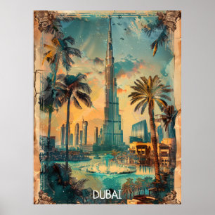 Póster Vista vintage de la silueta urbana del Burj Khalif