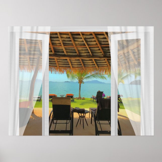 Póster Vistas Tropicales A La Playa Desde La Ventana (Frente)