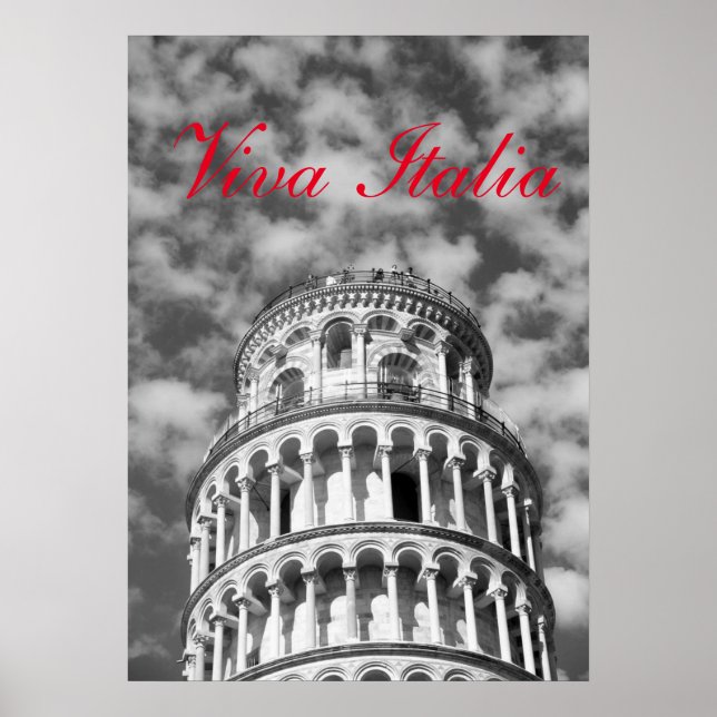Póster Viva blanco negro Italia Torre inclinada de Pisa (Frente)