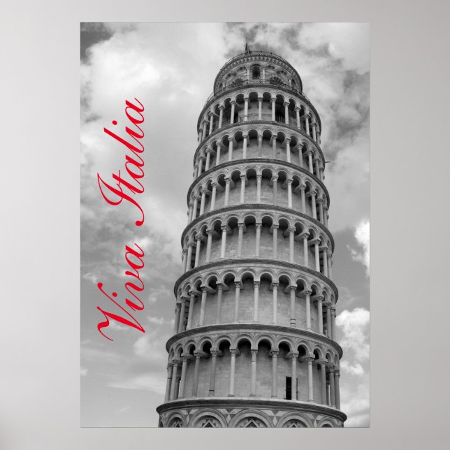 Póster Viva blanco negro Italia Torre inclinada de Pisa (Frente)