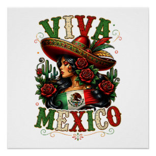 Póster Viva México Bandera Rosa Día de la Independencia d