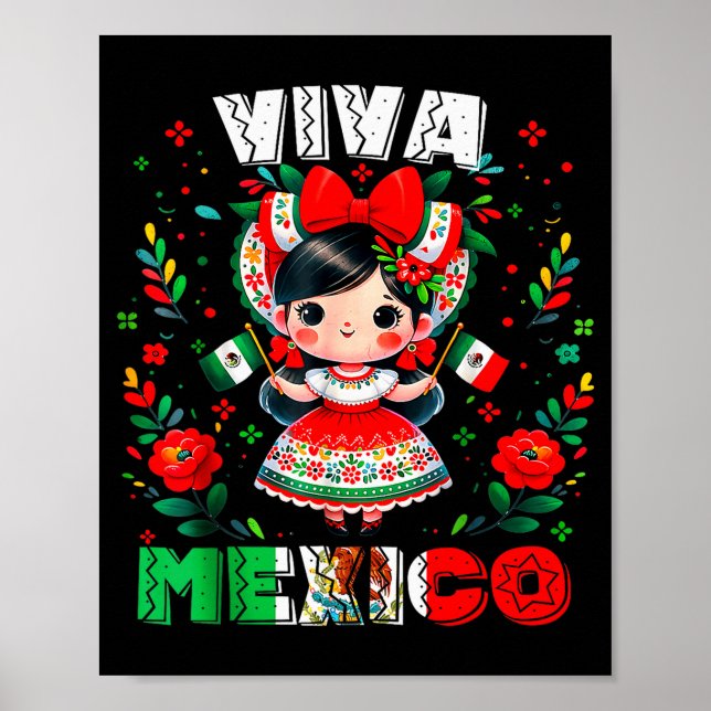 Póster Viva Mexico Mexican Girl Flag Independence Day Gir (Frente)