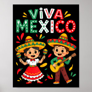 Póster Viva México niño de la guitarra niña independencia