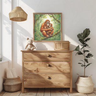 Póster Viverero de mamá orangután y bebé