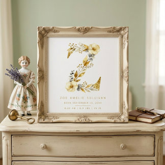 Póster Viverito Floral Romántico Letra Z Dorado LPM26