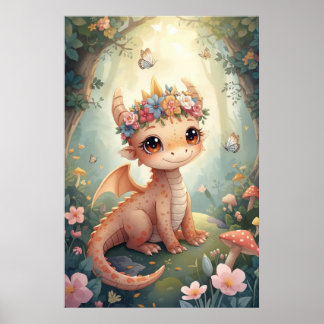 Póster Vivero de dragón bebé con acuarela floral de meloc