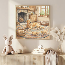 Póster Vivero de mamá Golden Retriever y cachorros