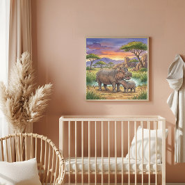 Póster Vivero de mamá hipopótamo y ternero