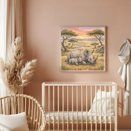 Póster Vivero de Mamá Rinoceronte y Ternero