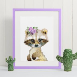 Póster Vivero Floral De Mapache Bebé En Acuarela