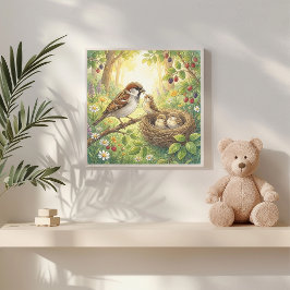 Póster Vivero Mama Gorrión y Polluelos