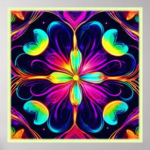 Póster Vivid Neon Floral Mandala Art
