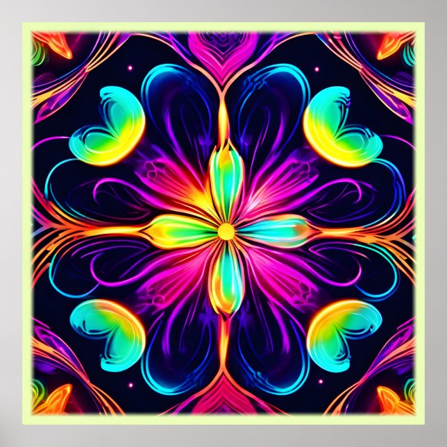 Póster Vivid Neon Floral Mandala Art (Frente)