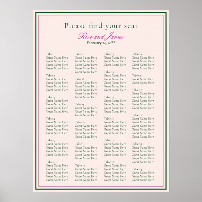 Póster Vivid Pink Wedding Seating Chart (Frente)