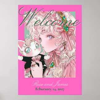 Póster Vivid Pink Y2K Anime Gothic Cat Wedding