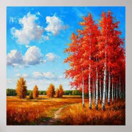 Póster Vívido paisaje de otoño con árboles rojos y suave