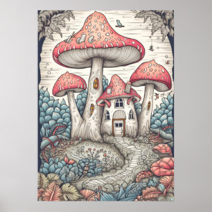Póster Vivienda Creativa de Bosque de Hongos Vintage