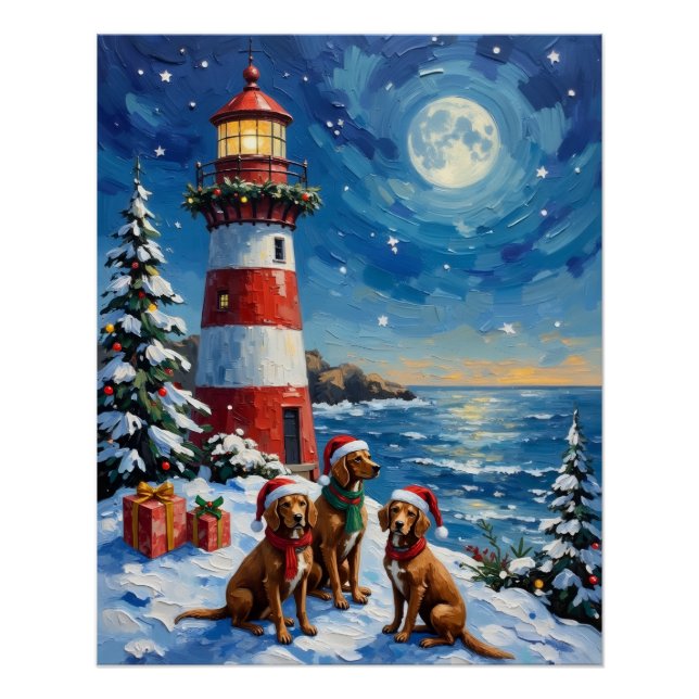 Póster Vizsla Christmas Lighthouse Holiday (Anverso)