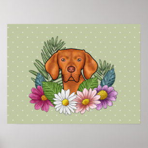 Póster Vizsla Húngaro y Flores Silvestres Coloridas Verde