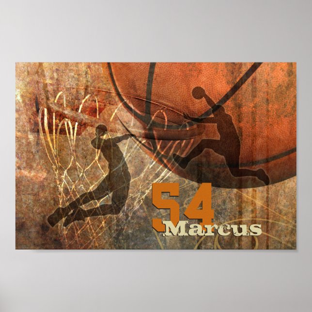 Póster volando hacia el pedazo de baloncesto de los hombr (Frente)