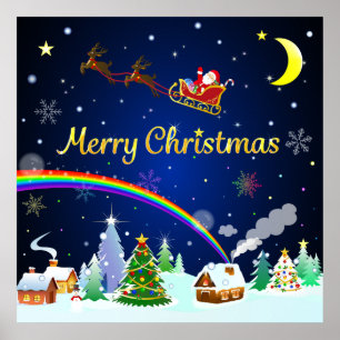 Póster Volando Santa Claus con luna creciente